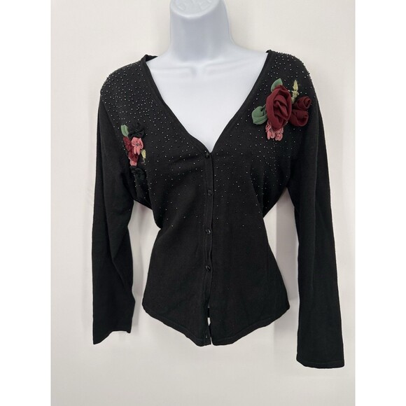 Vintage Tiara International Embroidered Cardigan Black Floral Sweater Womens M - Picture 2 of 13